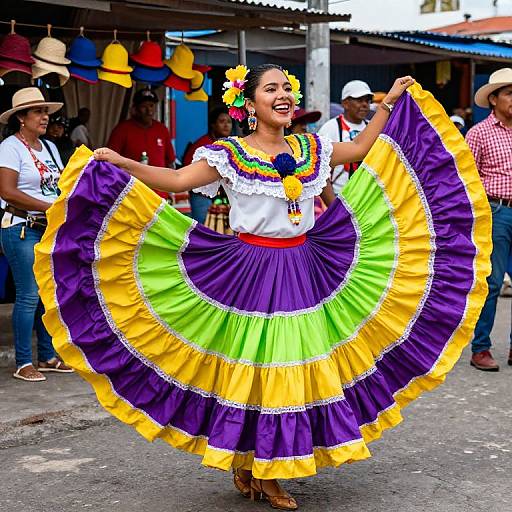 Colorful Mexican dancer in traditional outfit with vibrant purple, green, and yellow skirt, white blouse, flower in hair, smiling, holding skirt. Outdoor