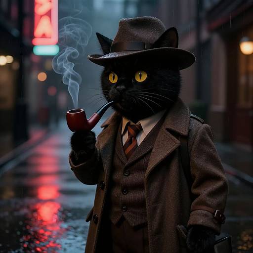 Digital artwork of a black cat in a brown fedora and suit, smoking a pipe, standing on a rainy, neon-lit city street at night