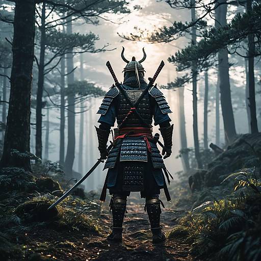 Samurai Warrior in Misty Forest at Sunrise