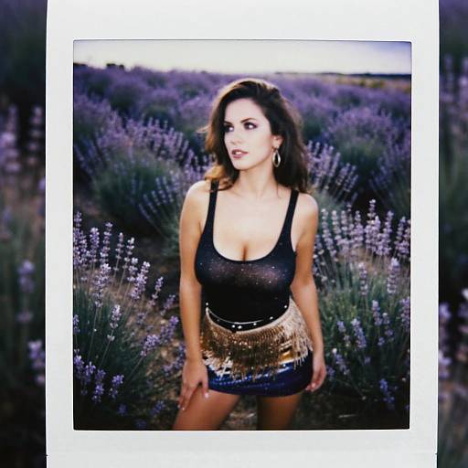 Photograph of a brunette woman with large breasts, wearing a black mesh top and gold sequin skirt, standing in a lavender field at sunset.