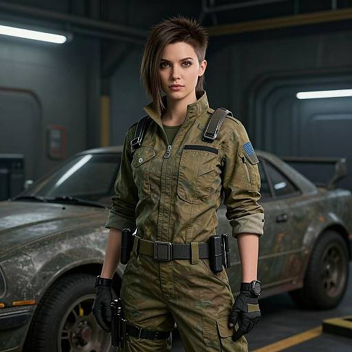 CGI image of a serious, short-haired woman in a military-style green jumpsuit with tactical gear, standing in a dimly lit garage with a