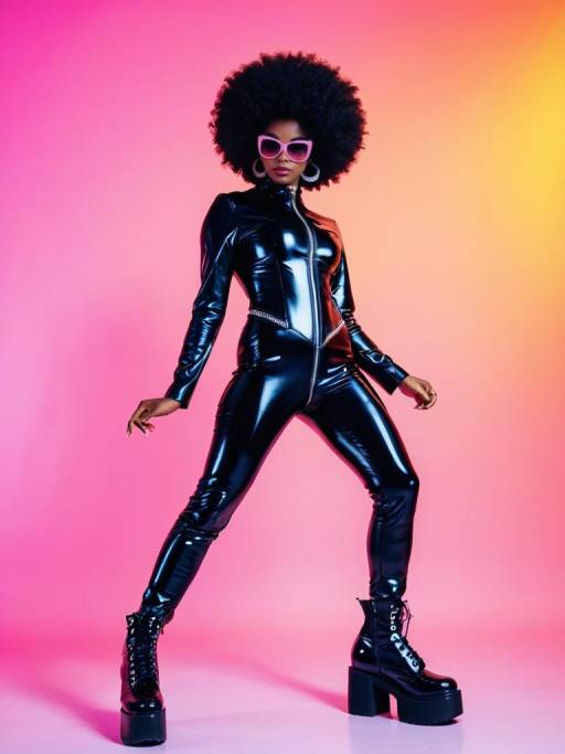 Confident Afro Disco Dancer in Latex Catsuit
