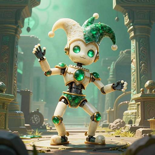 Whimsical Robot Jester in Ruins