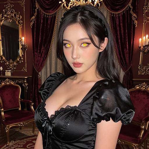 Photograph-style digital image of an East Asian woman with glowing yellow eyes, black hair, and a black, low-cut, ruffled dress in an