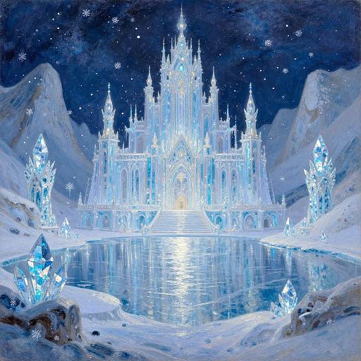 Digital art of a glowing, ice-encrusted castle at night, surrounded by crystal formations and a reflective icy pond, under a starry sky