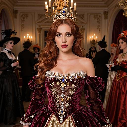 Photograph-style CGI of a beautiful, fair-skinned woman with long brown hair, wearing a jeweled, off-shoulder burgundy gown and