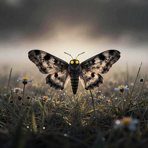 Photograph of a black and yellow-patterned moth with glowing yellow eyes, perched on dewy grass surrounded by small white daisies at dawn