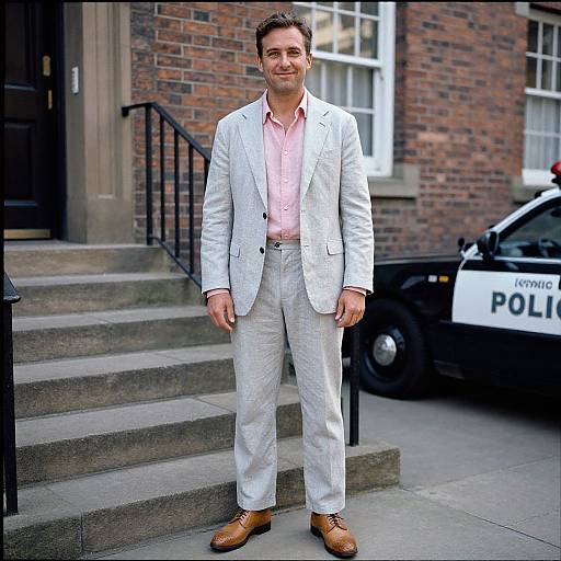 Photograph of a smiling man with short brown hair, wearing a white blazer, pink shirt, white pants, and brown shoes, standing on brick