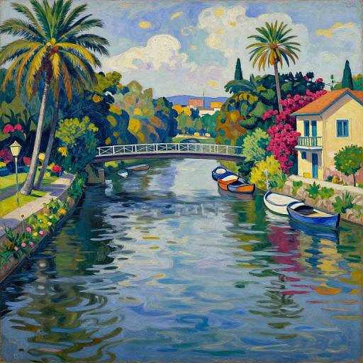 Vibrant oil painting of a serene canal with palm trees, colorful flowers, boats, and a yellow house, under a bright sky.