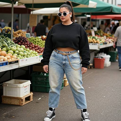 Photograph of a curvy woman with dark skin, black crop sweatshirt, high-waisted light blue jeans, black sneakers, and round sunglasses