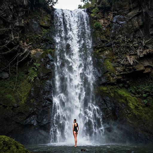 Photograph of a lone woman in a black one-piece swimsuit standing at the base of a powerful, cascading waterfall in a lush, dark forest
