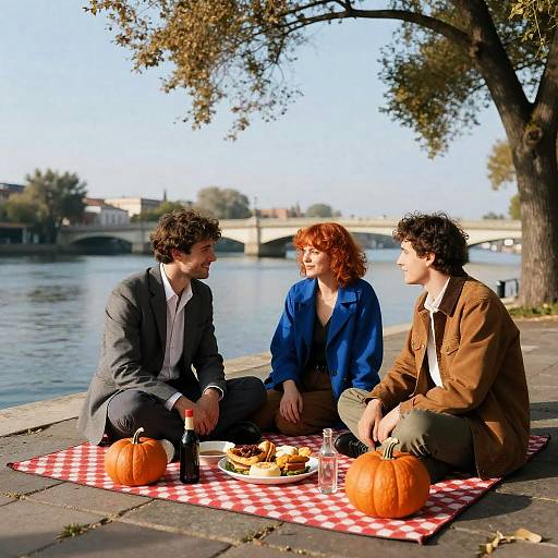 Friends Picnic by Riverside with Pumpkins