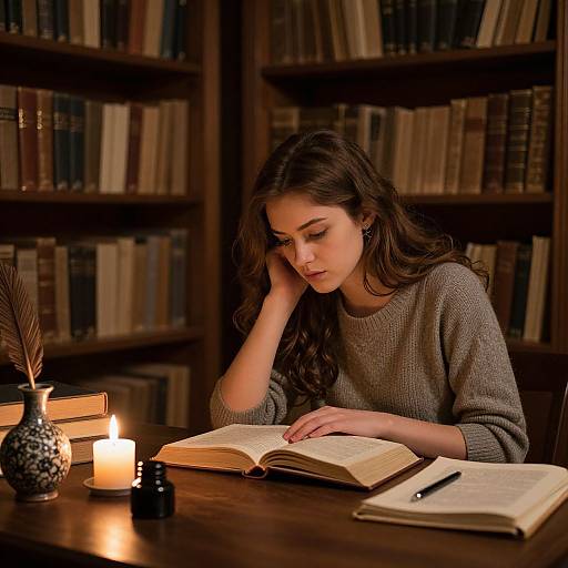 Photograph of a pensive woman with long brown hair in a gray sweater, reading a book by candlelight in a library.