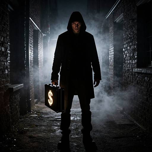 Photograph of a shadowy, hooded man in a long coat, holding a briefcase with a glowing orb, walking through a foggy,
