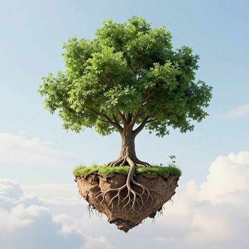 Photorealistic CGI of a lush, green tree with visible roots, floating on a small, soil-covered island against a bright blue sky with white clouds