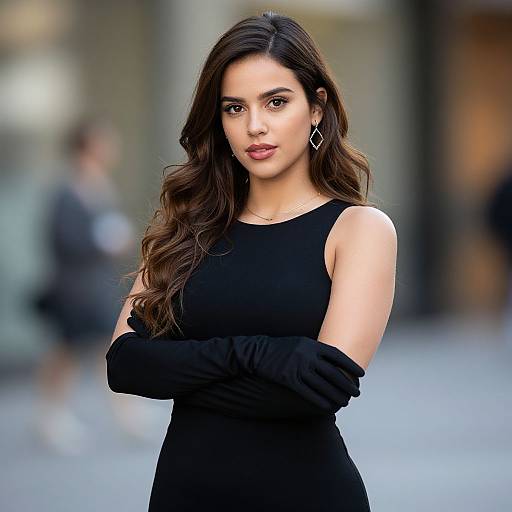 Photograph of a beautiful, fair-skinned woman with long, wavy brown hair, wearing a black sleeveless dress and black gloves, standing with