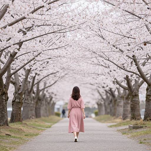 Photograph of a woman in a pink dress walking away down a cherry blossom-lined path, surrounded by blooming trees and soft, white petals.