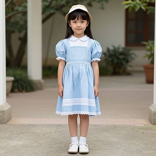 Photograph of a young Asian girl with straight black hair wearing a light blue checkered dress, white shoes, and a white hat, standing on a