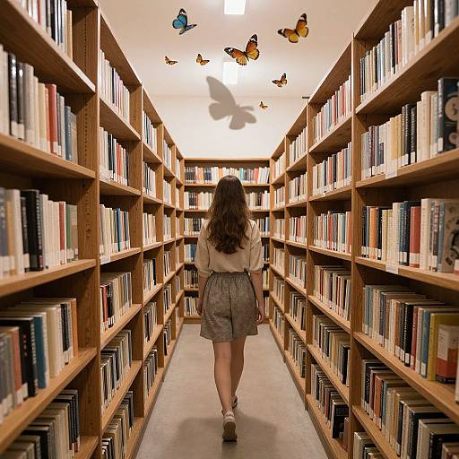 Photograph of a woman with wavy brown hair, wearing a beige blouse and brown skirt, walking down a wooden library aisle with colorful books and butterfly