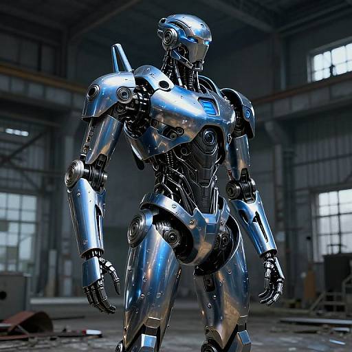 Photograph of a shiny, silver humanoid robot with reflective surfaces, standing in a dimly lit, industrial warehouse with large windows.