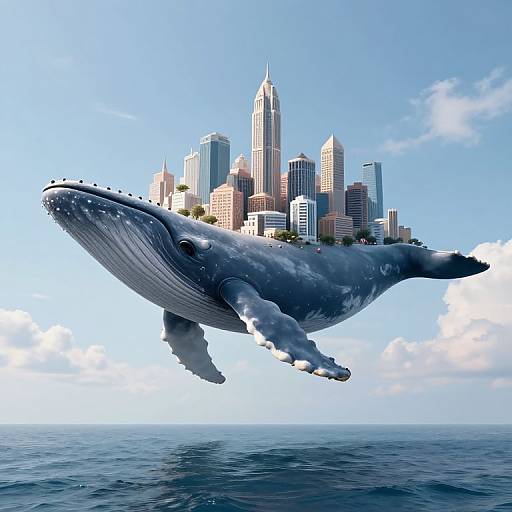 Photorealistic CGI of a massive whale with a city skyline on its back, floating in a clear blue sky over the ocean.