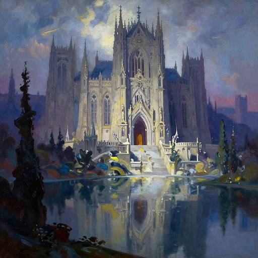 Photorealistic painting of a grand Gothic cathedral illuminated by moonlight, reflected in a serene, starlit lake, surrounded by dark, misty trees