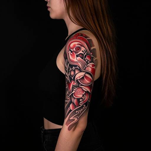 Photograph of a woman with long brown hair, side profile, showcasing a vibrant, detailed red and black floral tattoo sleeve on her right arm against a