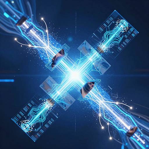 Digital CGI image of four glowing blue circuit boards radiating bright blue energy lines against a dark blue background.
