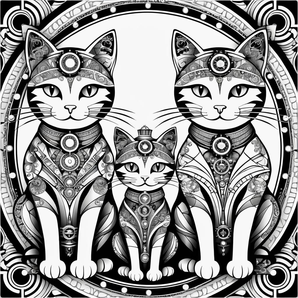 Whimsical Steampunk Cats Mandala Art