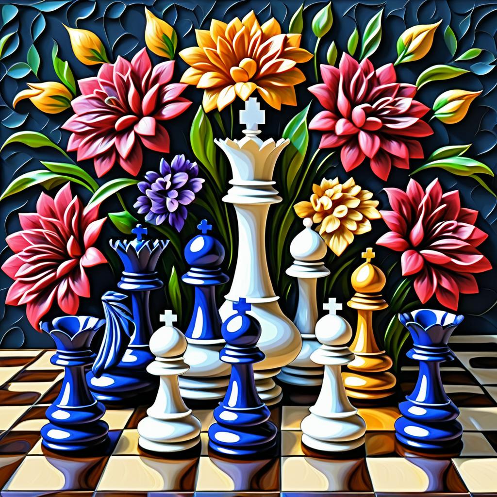 Elegant Impasto Chess Game with Flowers