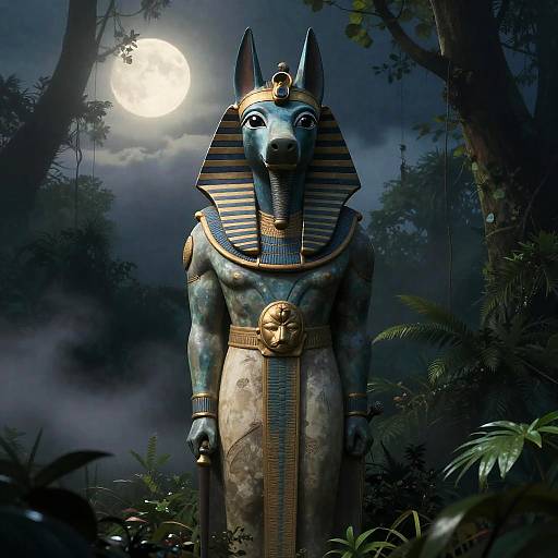 Ancient Anubis Statue in Moonlit Jungle