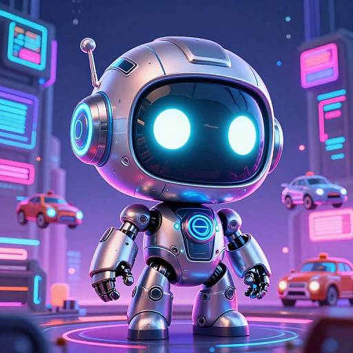 CGI image of a cute, chibi-style, silver robot with glowing blue eyes standing in a neon-lit futuristic city street.