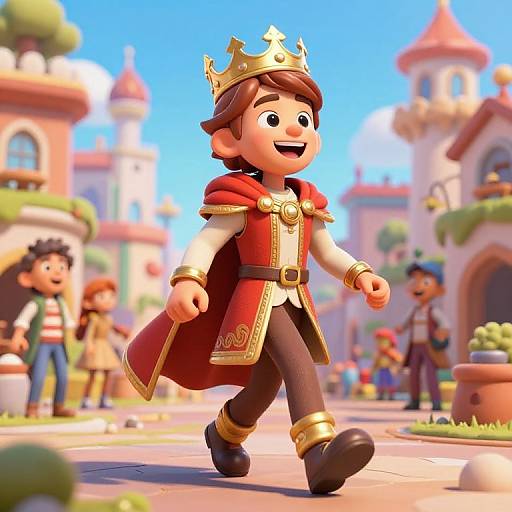 CGI cartoon of a smiling, brown-haired boy in a red and gold royal outfit with a crown, walking joyfully through a vibrant, castle-filled