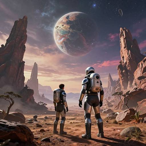 Digital artwork of two astronauts in space suits standing on a rocky, desert-like alien planet, facing a large, illuminated Earth-like planet in a starry