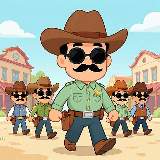 Cartoon-style drawing of six male cowboys with black sunglasses and brown hats, wearing green and blue shirts, marching in a sunlit Western town.