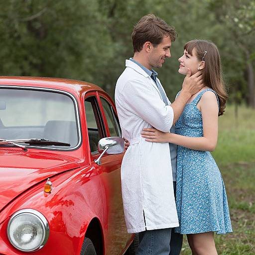 Photograph of a smiling couple standing in front of a red vintage car; the man in a white lab coat, the woman in a blue floral dress