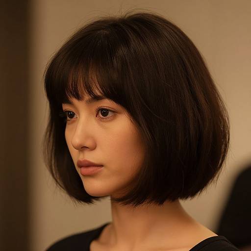 Photograph of an Asian woman with a short, sleek black bob haircut, fair skin, and neutral expression, wearing a black top. Blurred beige