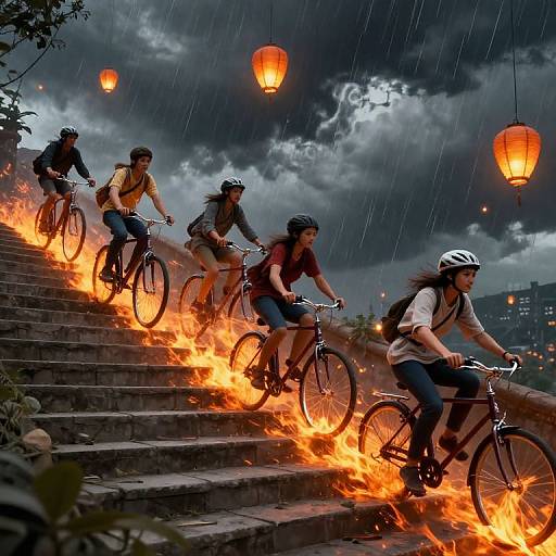 Cyberpunk Cyclists Ascending Fiery Staircase