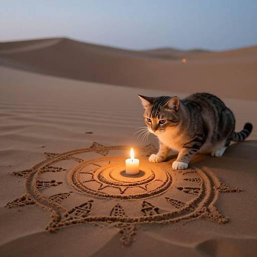 Photograph of a tabby kitten with white paws, sitting on sand, gently touching a lit candle to an intricate mandala design in a desert
