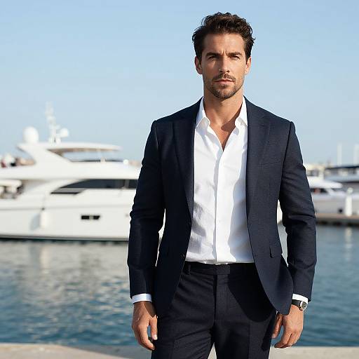 Photograph of a handsome, bearded man in a black suit and white shirt standing by a marina with white yachts in the background. Clear