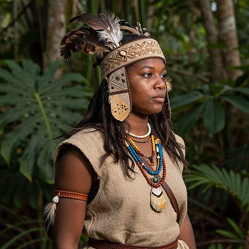 Photograph of a young African woman in traditional tribal attire, wearing a beaded headpiece with feathers, colorful necklaces, and a burlap
