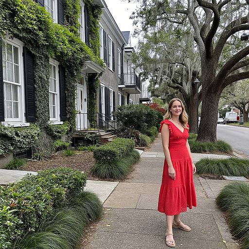 Photograph of a smiling woman in a vibrant red, off-shoulder dress standing on a tree-lined sidewalk of a suburban street with ivy-covered