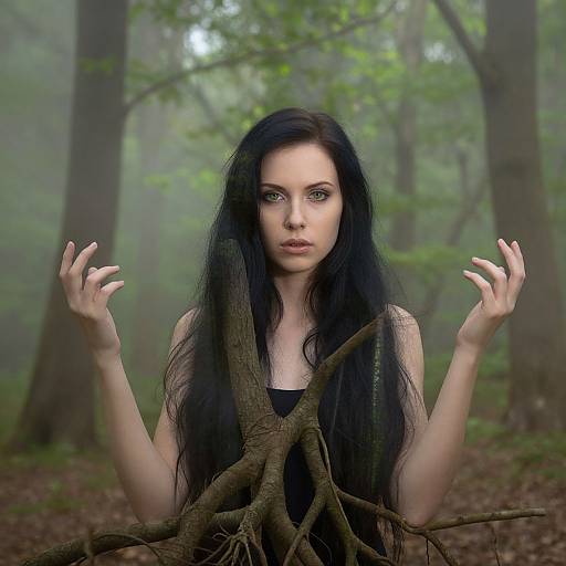 Photograph of a pale, dark-haired woman with long hair and intense green eyes, standing in a misty forest, hands raised, surrounded by tree