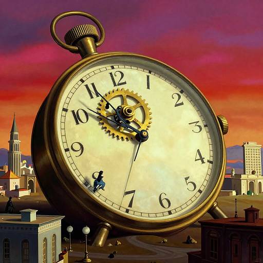 Gigantic, bronze pocket watch dominates sunset cityscape; tiny figure on clock face, buildings and church steeple below, vibrant red and purple