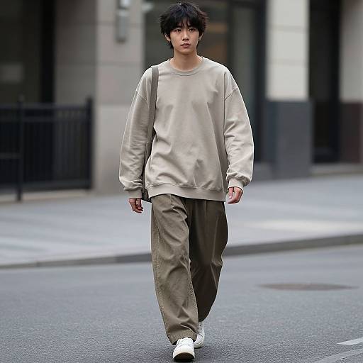 Photograph of an Asian man with black hair, wearing a beige sweatshirt, brown pants, and white sneakers, walking on a city street. Urban