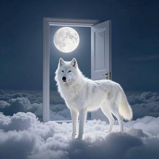 Photorealistic digital artwork of a glowing white wolf standing on a cloud-filled night, with a full moon shining through an open door in the background.