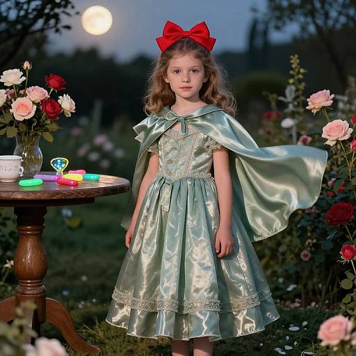 Photograph of a young girl with wavy brown hair, wearing a green satin dress, red bow, and cape, standing in a moonlit garden