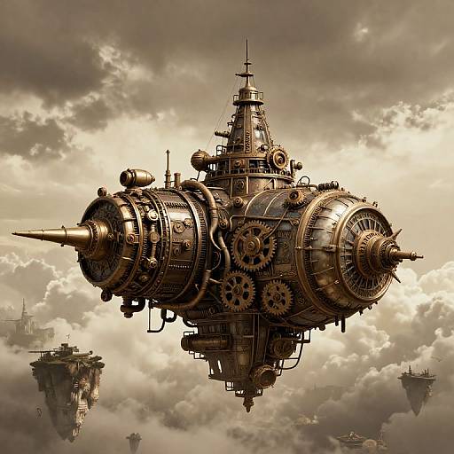 Steampunk airship with intricate gears and brass details floating in a cloudy, sepia-toned sky, surrounded by smaller steampunk vessels.