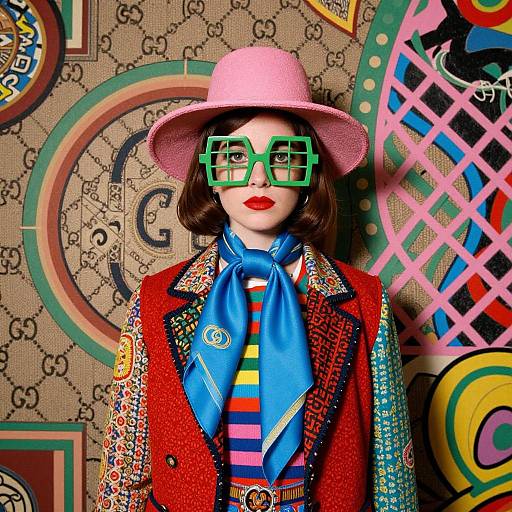 Photograph of a fashion mannequin with bright pink hat, green square glasses, red lipstick, colorful jacket, blue scarf, striped shirt, against