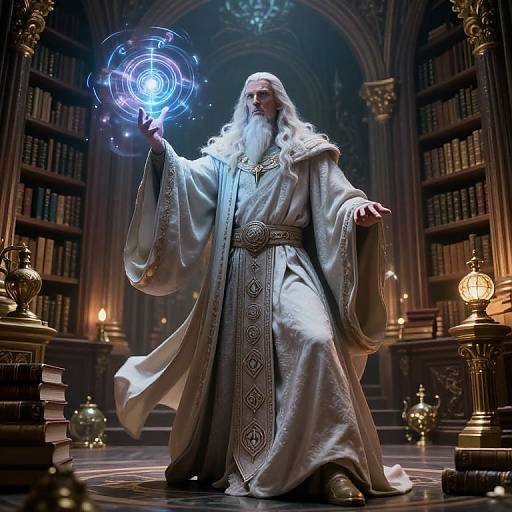 Ancient Sorcerer in Mystical Library